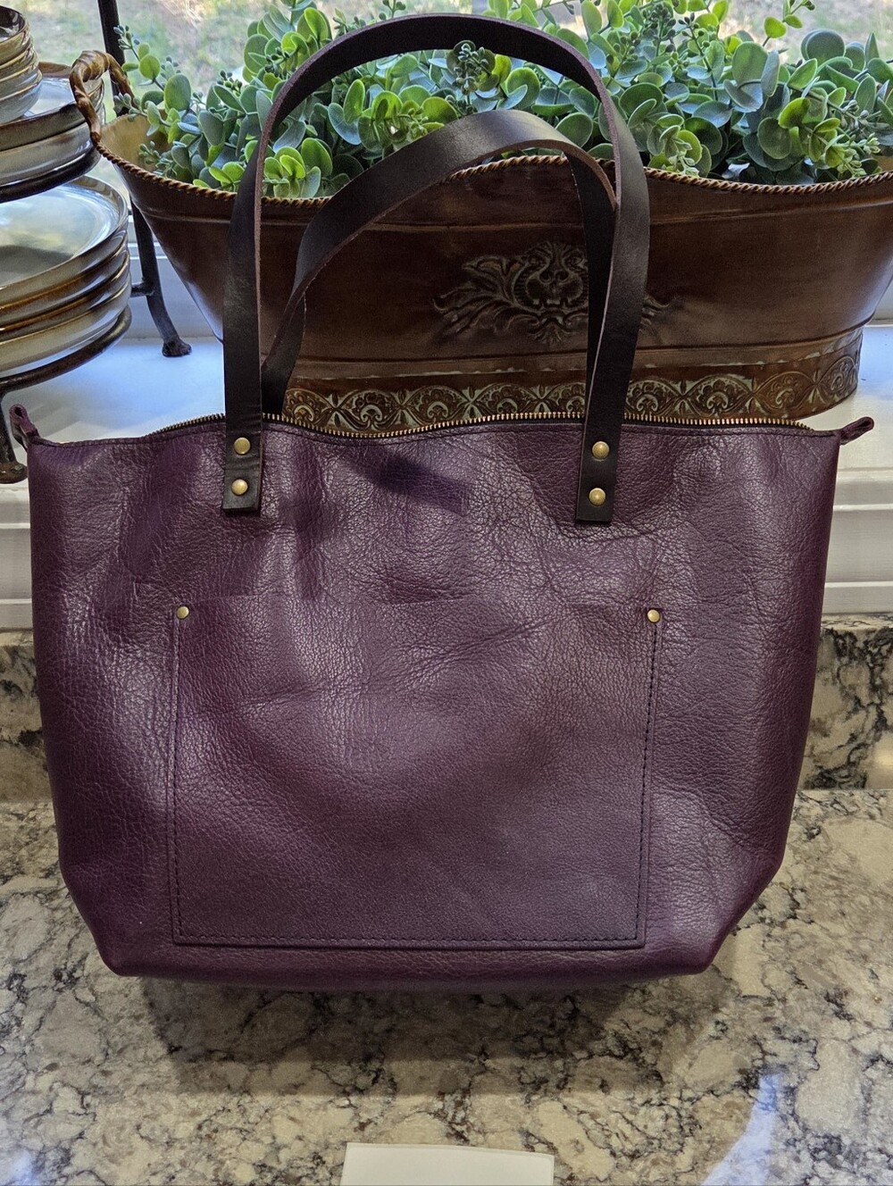 Portland Leather Plum Tote with Dark Brown Straps